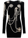 QUALITY Newest 2023 Designer Stylish Fashion Women's Long Sleeve Pearls Chains Diamond Beaded Velvet