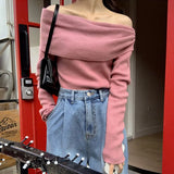 Feminino Off Shoulder Slash Neck Sweater Women Long Sleeve Knitwears Spring Spring Y2k Clothes Elegant Pullover Tops-Outfit
