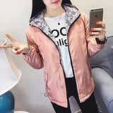 Spring Autumn Women Basic Jacket Pocket Zipper Hooded Two Side Wear Cartoon Print Outwear Loose Coat Windbreaker Female