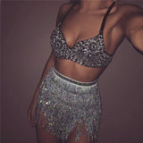Shiny Sequined 2 Piece Set Women Spaghetti Strap Patchwork Bra Crop Top Bling Tassel Waist Chain Clubwear 2 Pcs