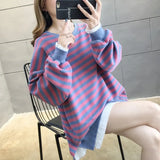 Fake Two Piece Oversize Pullover Thin and Thick Korean Style Hoodies Sweatshirt Casual O-Neck Harajuku Girls Stripe