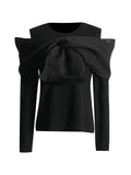 Fongt 2024 New Splice Bow Small Design Sense Black Long-Sleeved T-Shirt Female Careful Machine Off The Shoulder Coat-Outfit
