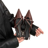 Fongt Women 2025 Spring And Summer New Retro Pointed Finger-Point Fine Heel Belt Buckle Single Shoes With Skirt Sandals