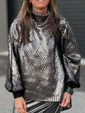Loose High Neck Knitting 2024 Spring Pure Color Perm Gold Diamond Pattern Jacket Elegant Sweater-Outfit