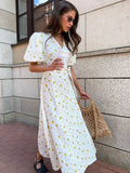 Print Dress 2024 New Women's Bubble Sleeve V Tie With Short Sleeve Print Dress-Outfit