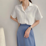 Fongt Spring And Summer College Style Retro Korean Version Of Professional Suit Collar Turn Students Short Sleeve Shirt Female Pure Color Top