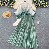 Fongt Suit Female Strap To Waist Gradient Color Pressure Folding Shirt High Waist 100 Folded Skirt Two Sets