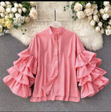 Shirt Woman Multilayer Flounce Horn Sleeve Shirt Loose Versatile Small Stand-Outfit