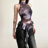 Fongt 2024 New Women's Half High Collar Flounce Sleeveless Print Mesh Slim Small Vest-Outfit