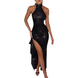 Fongt Summer New Fashion Temperament Pure Color Fine Sexy Big Side Open Side Open Shoulder Hanging Neck Dress Woman