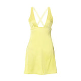 Women Open Back Dresses Solid Color Sleeveless Deep V Neck Cross Backless Short Mini Dress Sexy Beach Streetwear