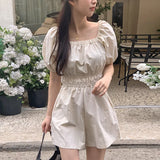 Chic Summer French Retro Square Collar Dew Collarbone Fold Closed Waist Show Thin Bubble Sleeve Wide Leg Jumpsuit Woman-Outfit
