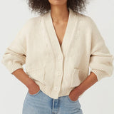 Fongt / Winter New Sweater Women's Long Sleeve Pocket Single Breasted V-Neck Knit