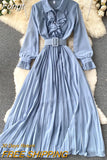 Women Chiffon Dress Elegant Long Sleeve Lapel Ruffles Party Dresses Ladies High Waist Pleated Solid Long