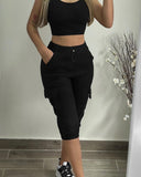 Fongt Women's Wear Tight Waist Slim Show Slim Casual Multi-Pocket Solid Color Cropped