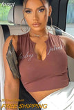 Top Women Letter Print Crop Top Black Tank Top Basic Sleeveless Brown Tops Sexy Vest Streetwear Y2K Clothes