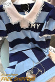 Women Blue Short Sleeve Split T-shirt Dress 2023 Summer Loose Mid-length Over-knee Stripe Splicing Lace Neck One Piece