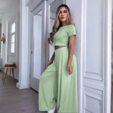Fongt Summer Women's Round Neck Solid Color Sexy Wide Leg Pants Fashion Casual Suit Woman