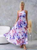 Fongt Women's New Printed Dress Fashion Sexy Slanted Shoulder Folded Empty Dress 8062