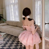 Sweet Pink Fairy Dress Women Japanese Off Shoulder Sexy Kawaii Lolita Dress Female Casual Korean Style Party Mini Dresses-Outfit