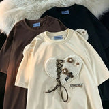 Brand Sweet 3D Towel Embroidery Love Flower T Shirts Sweet Girls Summer Cotton Short Sleeve Tops Kawaii Tees