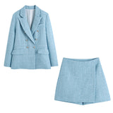 Spring Plaid Textured Double-Breasted Suit Coat Textured Skirt Suit-Outfit