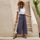 Fongt New Women's Summer Loose Waist Solid Cotton Belt Broad Leg Pants Loose Nine-Point Trousers Women