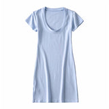 New Large U-Necked Dress Summer Solid Color Leisure Basic Medium-Long Short-Sleeved T-Shirt Skirt-Outfit