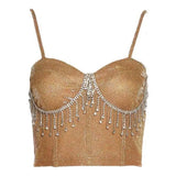 Spring And Summer New Women's Sling One-Word Collar Water Drill Tassel Navel Slim Vest Girl-Outfit