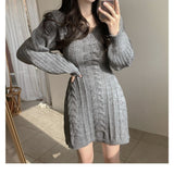 Fongt Chic Autumn Tenderness V-Necked Knitted Dress Design Slim Skinny Long Sleeves A-Shaped Knitted