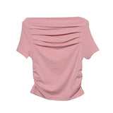 Real Shot A Word Shoulder Short Sleeve Pressure Folded T-Shirt Summer Slimming Pure Lust Folded Collarbone Short Blouse