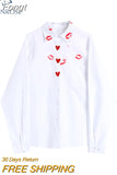 Early Autumn Ladies New Style Lip Print Heart Print Shirt Women Fashion Loose White Long Sleeved Temperament Button