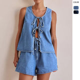 Fongt Summer Fashion Casual Sleeveless With High-Rise Women's Vests Denim Set Shorts