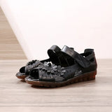 Genuine Leather Peep Toe Ladies Sandals Summer Shoes Women Low Heel 2021 Hook & Loop Soft Comfort Flat Sandals