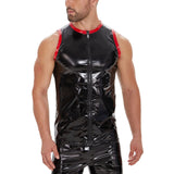Fongt Men's Mirror PU Bright Leather Round Collar T-Shirt Slim Leisure Waterproof Sleeveless Vest No Smell-Outfit