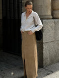 Sued Brown Maxi Skirt-Outfit