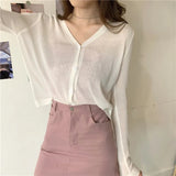 Thin Knit Cardigan Women V-Neck Knitted Casual Transparent Sweater Shirts Lady Simple Solid Outwear for Female-Outfit