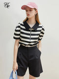 Simple Women T-shirt Black White Striped Polo Collar Casual All-match 2022 Summer New Loose Commute Female Tops