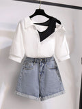Women Summer Denim Shorts Sets 2022 Korean Casual Slash Neck Off The Shoulder Top And Shorts Two Pieces Sets For Women