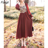 Autumn Women Dress Vintage Party Dress Patchwork Long Red Dresses French Style Retro Female Bing 2023