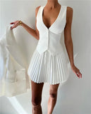 Solid V-neck Vest And Pleated Mini Skirt Set-Outfit