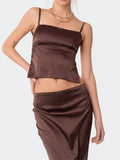 Satin 2 Piece Set Women Suits Retro Sleeveless Strap Backless Tie-up Camis Tank Low Waist Back Split Long Skirts 2023-Outfit