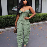 Strapless Cargo Jumpsuit Women Sleeveless Multiple Pockets Single-breasted One Piece Jumpsuits Womens Romper Overalls-Outfit