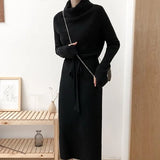 New 2022 Autumn Winter Women Dresses Turtleneck Oversize Drawstring Knitted Elegant Wild Ladies Long Dresses