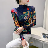 Autumn Winter Women's Long Sleeve Turtleneck T-shirts Lady Positioning Printing Flowers TShirt FF0837-Outfit