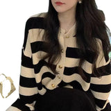 Spring New Korean Style Lazy Gentle Wind Striped Knitted Cardigan Round Collar Color Loose Hair-Outfit