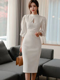 Fongt Professional Lantern Sleeve Ass Dress Women's Clothing Beauty Temperament Long-Term Collar Hollow Dress
