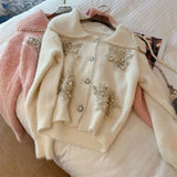 Knit Cardigan Jacket Autumn Winter New Fashion Loose Sweater Sequins Beaded Fake Mink Fleece Chic