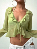 Sheer Mesh Long Sleeve Crop Blouse with