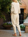 Women's Fashion Solid Color Casual Pocket Two-piece Simple Retro Elastic